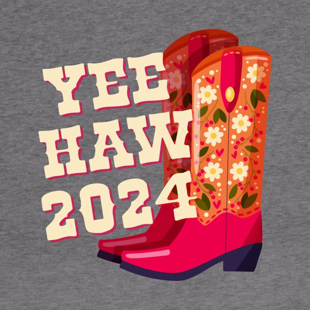 A pair of cowboy boots decorated with flowers and a hand lettering message Yeehaw 2024. Happy New Year colorful hand drawn vector illustration in bright vibrant colors. Greeting card design. by BlueLela